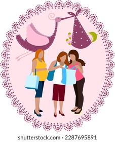 Three pregnant expectant mothers are considering purchases for future newborns against the background of a stork carrying a baby  Vector