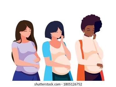 three pregnant women cartoons design, Belly pregnancy maternity and mother theme Vector illustration