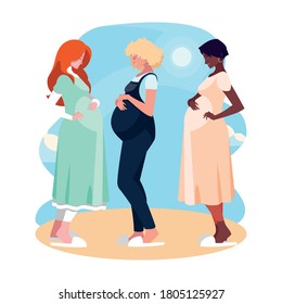 three pregnant women cartoons in front of sun and clouds design, Belly pregnancy maternity and mother theme Vector illustration