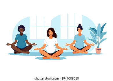 Three pregnant women practicing yoga and meditation in class. Wellness and healthy lifestyle in pregnancy. Vector illustration. Flat