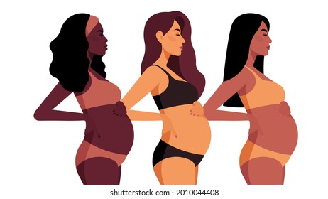 Three Pregnant women. Realistic pretty women with tummy. Beautiful girls, diversity, different ethnicity. Beauties dressed in underwear. Touching the belly. Side view. Perfect vector.