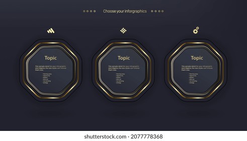 Tres infografías de resumen premium con plantilla de opciones e ilustración de vectores y se pueden utilizar para diseño de flujo de trabajo, diagrama, opciones de pasos empresariales, diseño de banners.eps
