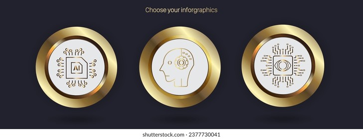 Three premium Artifitual Intelligence Buttons concept, golden AI buttons version on a dark background