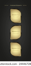 Three premium buttons infographic. collection of Three golden icons on dark gradient background,  three Gold luxury icons. Vector illustration