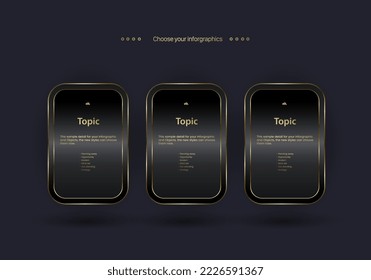 Three premium buttons, options, steps, workflows vector for work plans and options design on dark background.