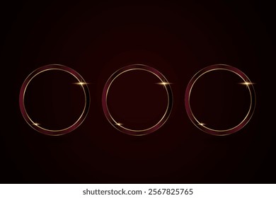 Three premium, luxury metal circle frames vector realistic illustration. group of thre Glod medal button isolated on black background. enclosed by a shiny gold metallic border