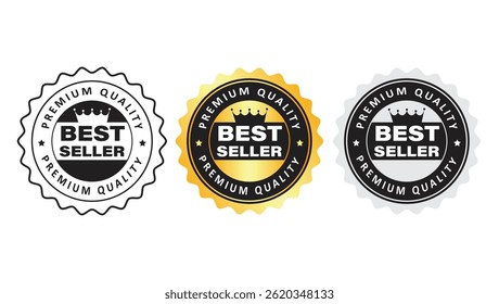 Three premium quality best seller badges in black, gold, and silver colors designed for labels, stickers or certification tags for trusted products and top rated merchandise	