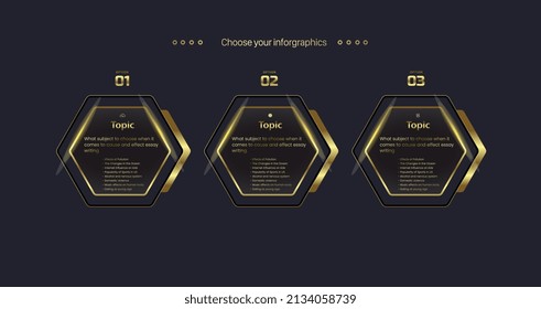 Three Premium Vector golden buttons with glowing light banner on black background, Three Luxury Options chart design with golden stoke design, vector, illustration Templates