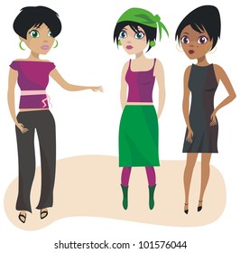 Three pretty brunettes in a group talking