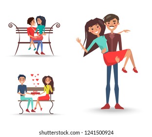 Three pretty couples in love vector illustration. Whiskered man holding happy woman, lovely pair sitting on wooden bench with red surprise and hearts.