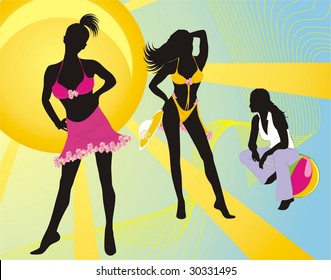 Three pretty girls. Summer composition. Vector
