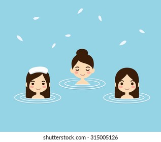 Three pretty girls taking bath in japanese style onsen hot springs. Simple flat cartoon style.