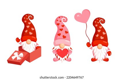 Three pretty gnome on Valentine's Day. Vector romantic illustration of nordic elves.