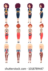 Three pretty standing girls under different angles, vector illustration of women in various business suits, colorful skirts and shoes, two handbags. Business girl