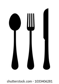 Three pretty templates of cutlery vector illustration isolated on white background, black fork knife and spoon, minimalistic banner, dark silhouettes