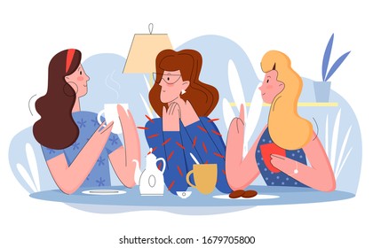 Three pretty women in cafe flat line character vector illustration concept. Interesting lively conversation with cup of tea or coffee, attention to friend, comic lovely persons hen party