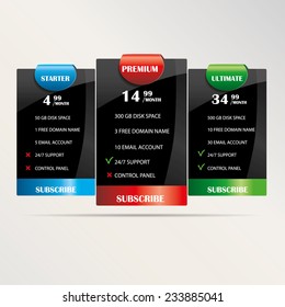 Three price plans with bright labels for websites. Vector illustration.