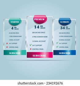 Three price plans with bright labels on a light background for websites. Vector illustration.