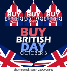 three price tags decorated with British flags and bold text on dark blue background, Buy British Day on October 3