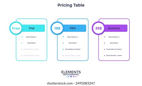 Three pricing tables or account subscription plans with list of features to compare and select - trial, pro, business. Simple infographic design template. Modern flat vector illustration for banner.