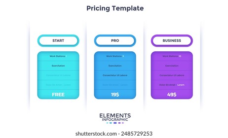 Tres tablas de Precios, Suscripciones de App o versiones de software con una lista de opciones para comparar y elegir: start, pro, business. Plantilla mínima de diseño infográfico. Moderna Ilustración vectorial plana.