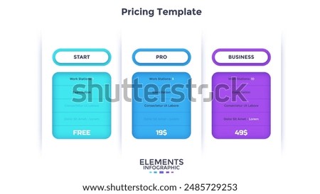 Three pricing tables, app subscriptions or software versions with list of options to compare and choose - start, pro, business. Minimal infographic design template. Modern flat vector illustration.