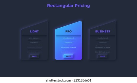 Tres tablas de precios o planes de suscripción de aplicaciones con lista de opciones - ligero, profesional, negocio. Plantilla de diseño infográfico de neón oscuro. Ilustración vectorial moderna para la presentación de productos de software.