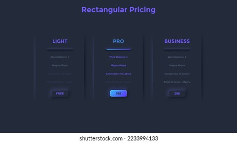 Three pricing tables, application versions, subscription plans with list of options to compare and choose - light, business, pro. Dark neon infographic design template. Modern vector illustration.