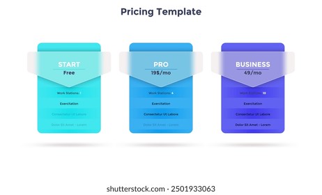 Three pricing tables or software subscription plans with list of features and glass elements - start, pro, business. Minimal infographic design template. Modern flat vector illustration for banner.