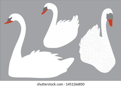Three primitive white swans swimming on a gray background. Vector illustration of a few colors