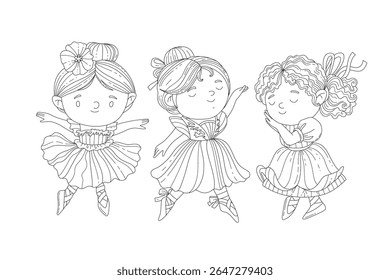 
Three princess ballerinas cartoon illustration in black lines for coloring. Cute characters collection for coloring book
