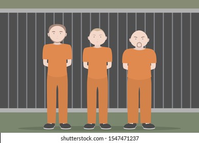 Three prisoners in orange jumpsuits standing with hands behind. Vector illustration.