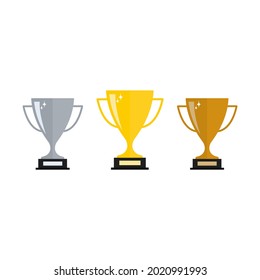 Three prize cups, gold, silver, bronze. Award for first, second and third place in the competition. Vector illustration, flat cartoon color design, isolated on white background, eps 10.