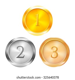 Three prize medals gold silver and bronze, vector illustration