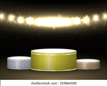Three prize winners podium in spotlights. Vector illustration.