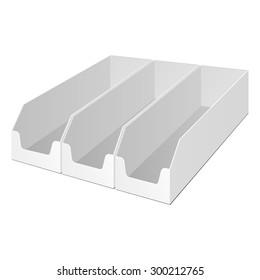 Three Product Holders Box POS POI Cardboard Blank Empty Displays Products. Illustration Isolated On White Background. Mock Up Template Ready For Your Design. Vector EPS10