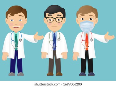 Three Professional Doctor Isolated Green Background, Vector Illustration