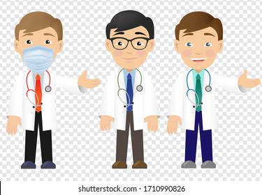 Three Professional Doctor Isolated Transparent Background, Vector Illustration