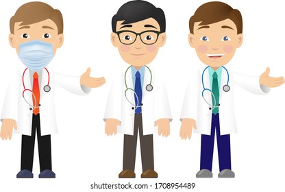 Three Professional Doctor Isolated White Background, Vector Illustration