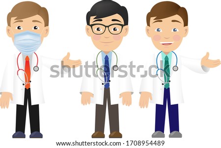 Three Professional Doctor Isolated White Background, Vector Illustration