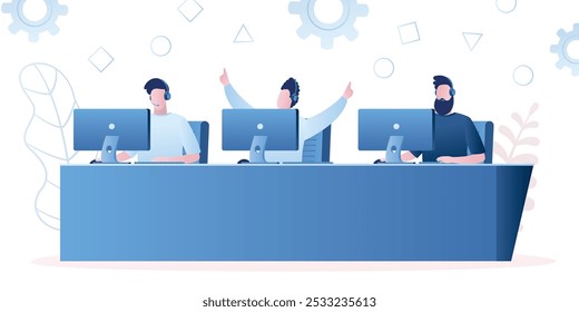 Three professional gamers. Game team with headsets at the table at computer playinng video games. Pro gamers male characters concept. E-sports team, group of gamers. Trendy vector illustration