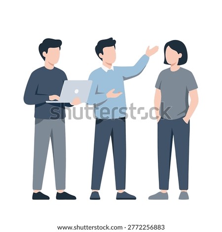three professional team members standing together discussing a software project one holding a laptop while another points and explains an idea in a modern flat style illustration