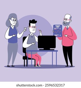 Three professionals engaged in discussion around computer. Man presenting data while others listening and taking notes. Teamwork and creativity concept