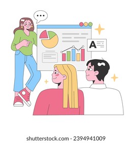 Three professionals evaluate data visualizations on a dashboard, illustrating teamwork and analysis in a lively office setting. Flat vector illustration