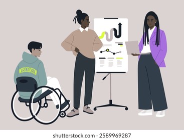 Three professionals participate in a dynamic business meeting, showcasing teamwork and inclusion in a modern office space, One member presents data, while others contribute ideas
