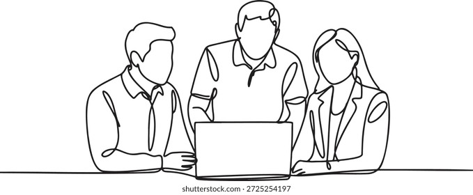 Três profissionais trabalhando juntos em um desenho de uma linha para notebooks. Grupo de colegas de escritório discutindo projeto em esboço minimalista. Ilustração do conceito de parceria e trabalho em equipe corporativo. Resumo de reuniões e comunicações de empresários. Colegas de trabalho modernos brainstorming.