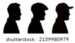 Three profile silhouettes of handsome bearded man wearing flat cap and peaked cap.  