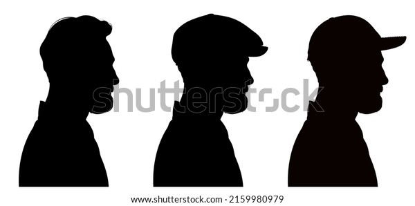 Three profile silhouettes of handsome\
bearded man wearing flat cap and peaked cap. \
