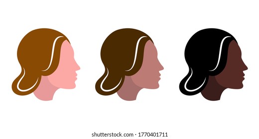 Three profiles of women of different races. Multinational beauty. Women of different nationalities. The struggle for rights, independence, equality. Vector illustration
