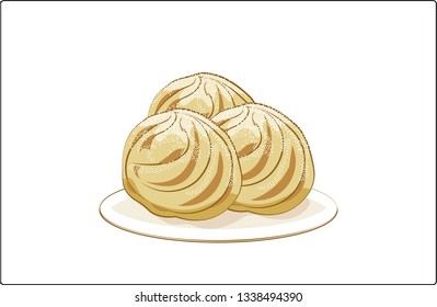 three profiteroles on a plate,, the breakfast time